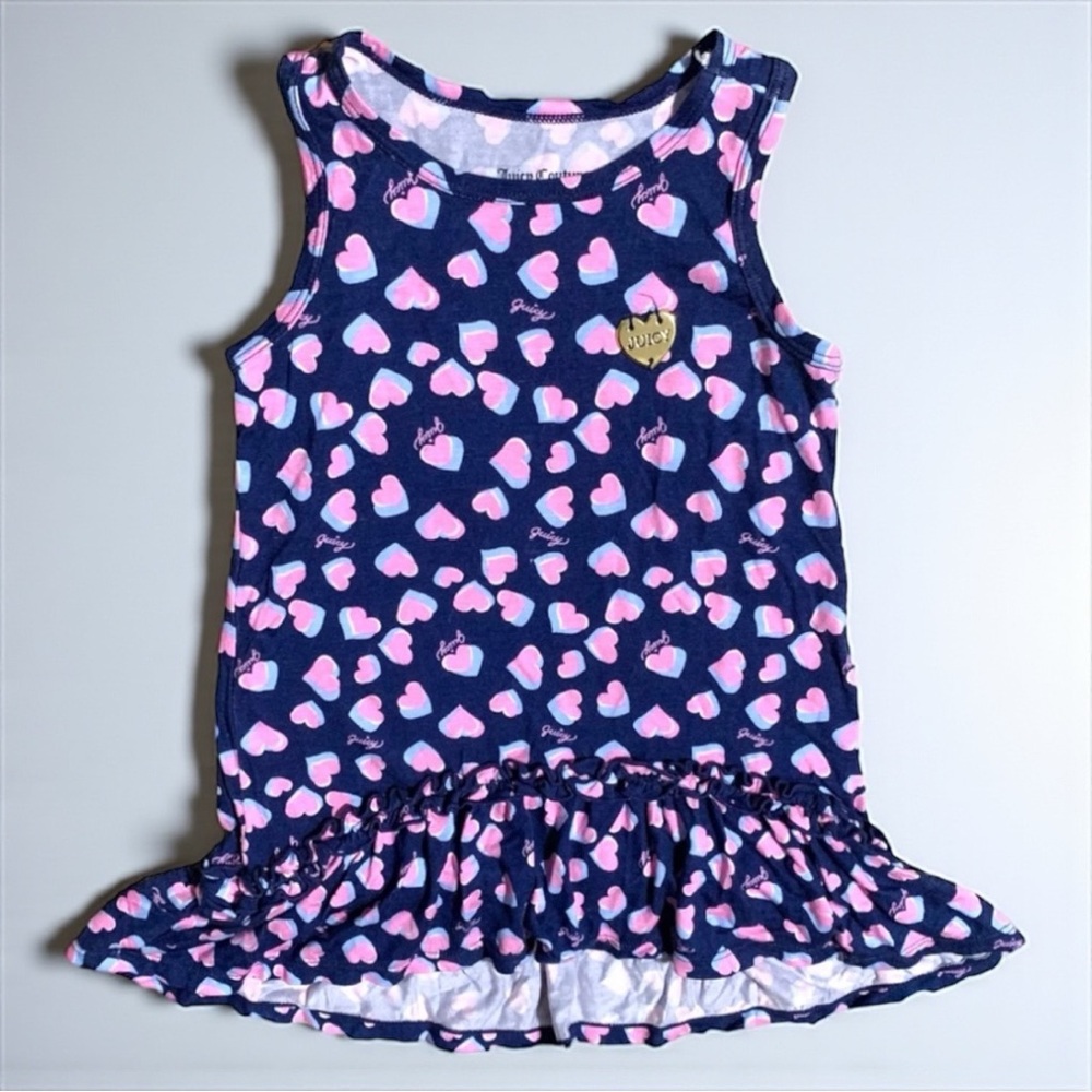 👚2/$10👗3/$12 NWT Juicy Couture Pink & Navy Heart Ruffle Hem Dress Toddler 2T